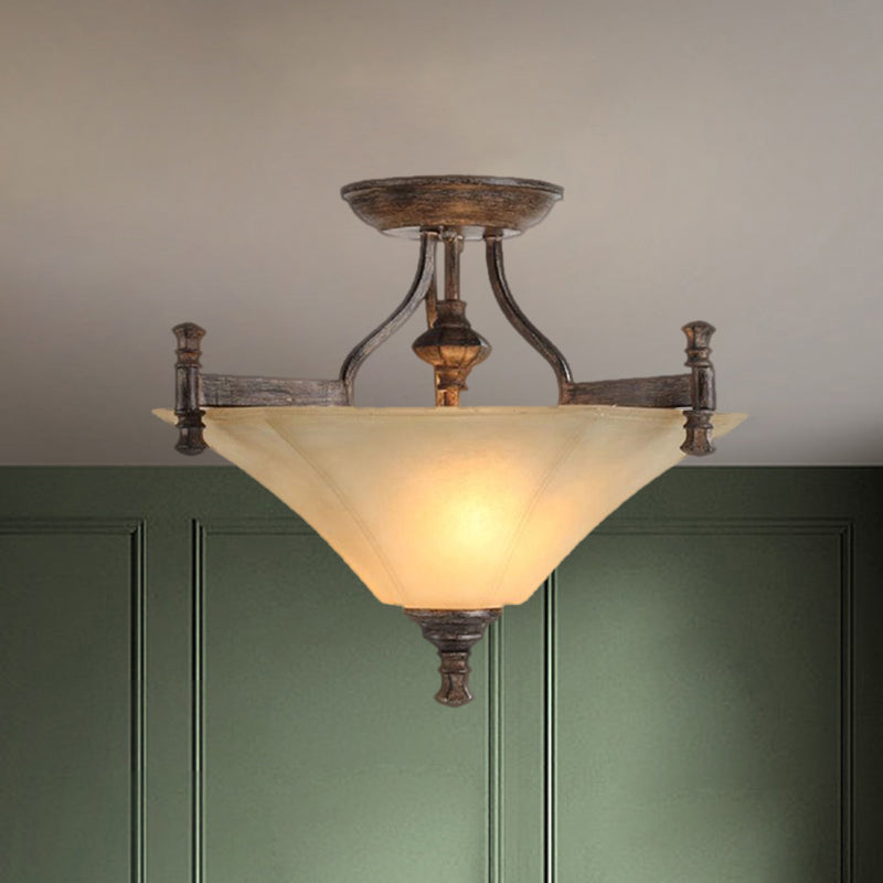 3-Bulb Flushmount Lamp Classic Triangle-Like Ribbed Glass Semi-Flush Ceiling Light in Coffee