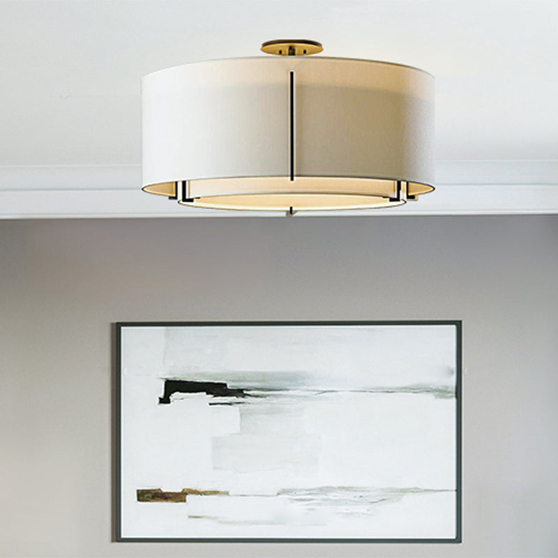 Dual Drum Fabric Close to Ceiling Lighting Traditional 3-Light Living Room Semi Mount Lamp in White