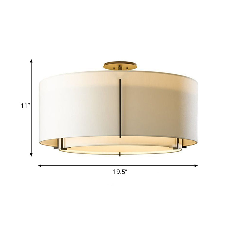 Dual Drum Fabric Close to Ceiling Lighting Traditional 3-Light Living Room Semi Mount Lamp in White