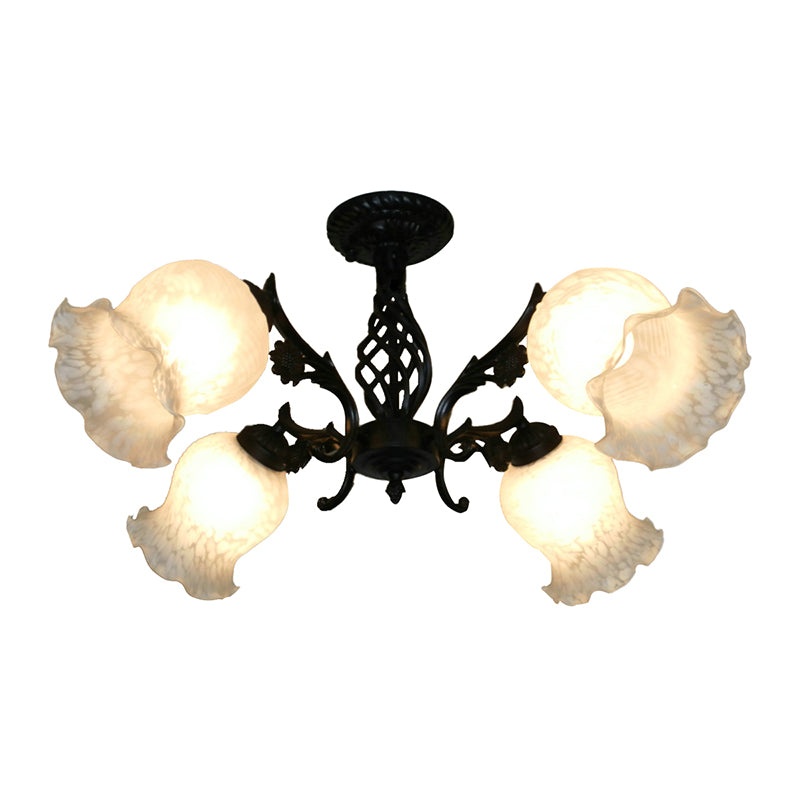 Vintage Blossom Semi-Flush Light 4 Bulbos Candelera de rasgador de vidrio de ópalo en negro para sala de estudio