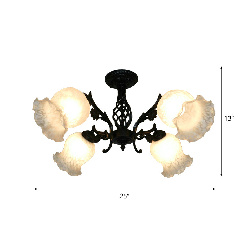 Vintage Blossom Semi-Flush Light 4 Bulbos Candelera de rasgador de vidrio de ópalo en negro para sala de estudio