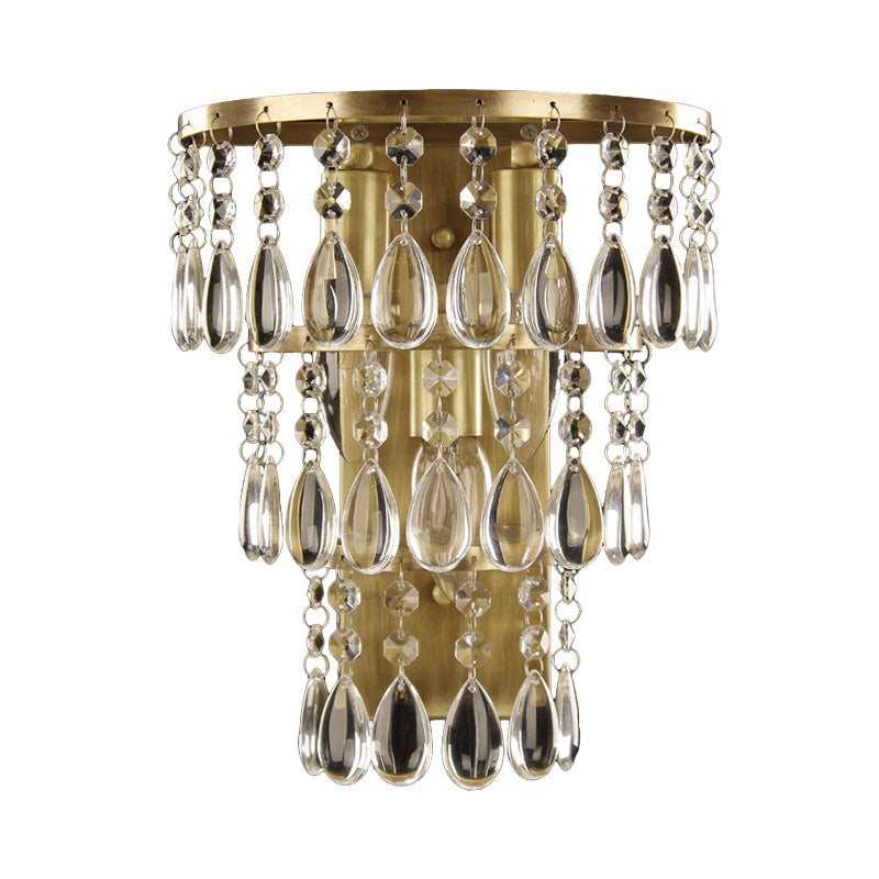 3-Head Crystal Drip Sconce Light Fixture Rustic Brass Layered Bedside Wall Mounted Light
