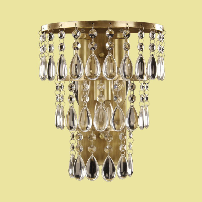 3-Head Crystal Drip Sconce Light Fixture Rustic Brass Layered Bedside Wall Mounted Light