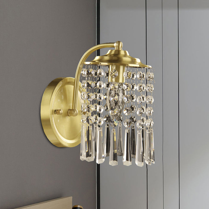 1-Light Crystal Drip Sconce Light Fixture Countryside Brass Cylinder Bedroom Wall Mounted Lighting