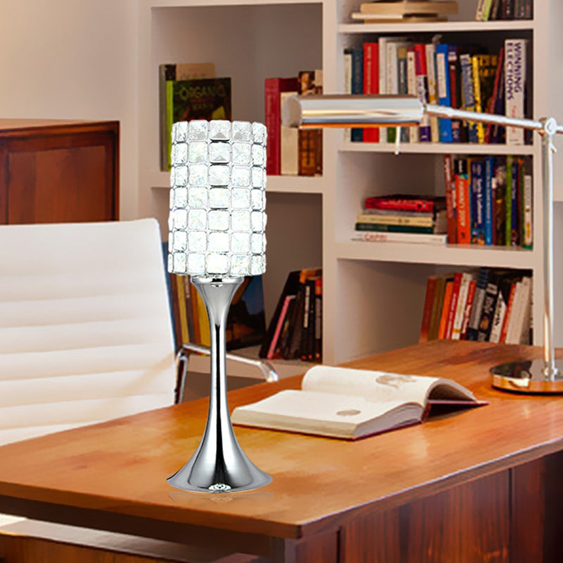 Hand-Cut Crystal Cylinder Table Lamp Minimalist Study Room LED Desk Light in Chrome