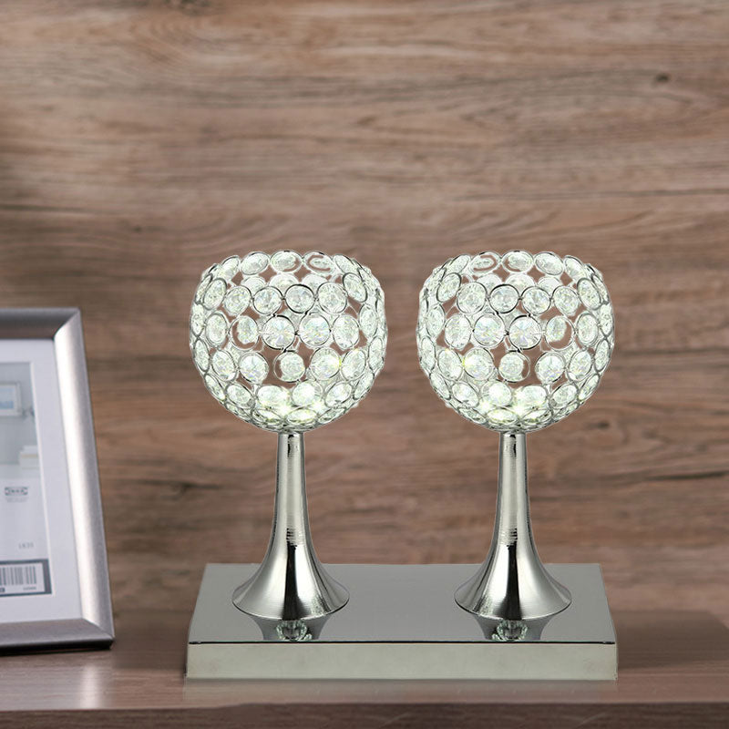 Double Dome Table Light Contemporary Beveled Crystal Prism LED Nightstand Lamp in Chrome