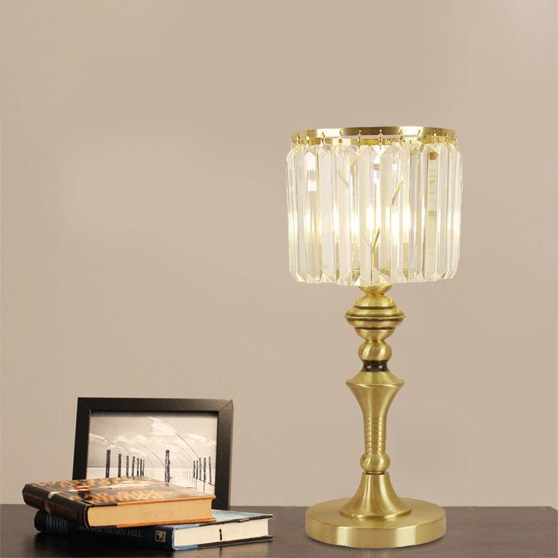 Cylindrical Desk Lamp Post Modern Crystal Flute LED Table Light for Study Room in Brass