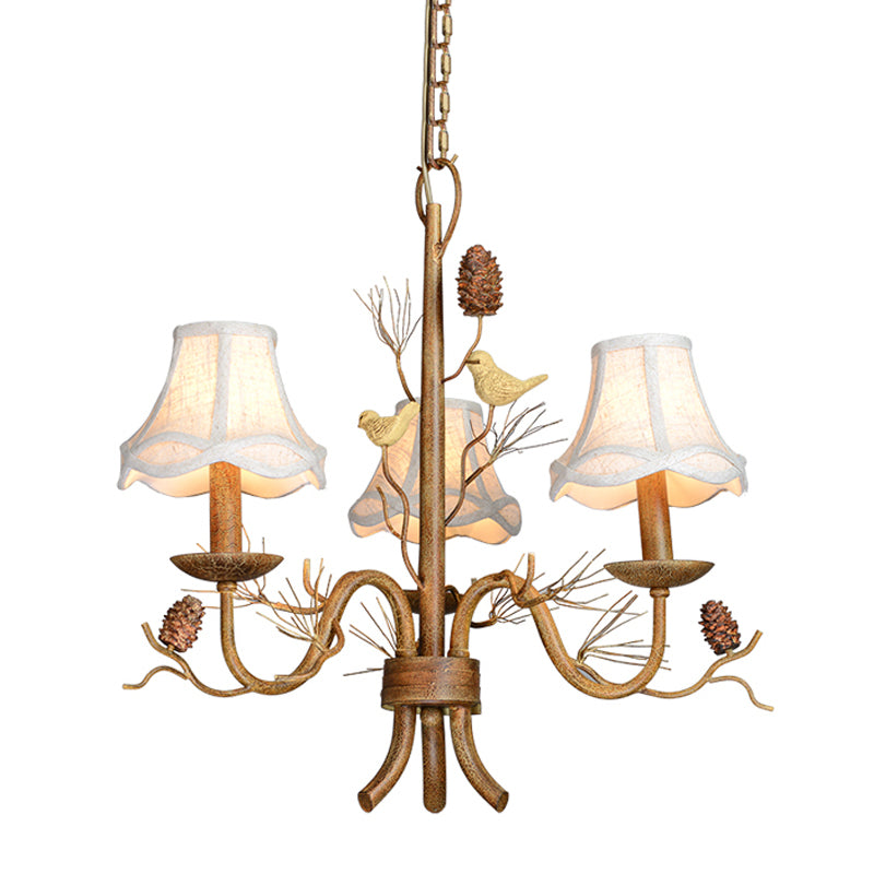 Flared Fabric Hanging Chandelier Rural 3-Light Dining Room Pendant with Bird and Pinecone Decoration in Brown