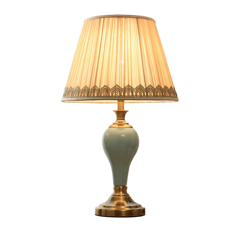 Ceramic Urn Table Lighting Vintage 1 Bulb Bedside Nightstand Light in Aqua/Beige/Silver Grey with Tapered Fabric Shade