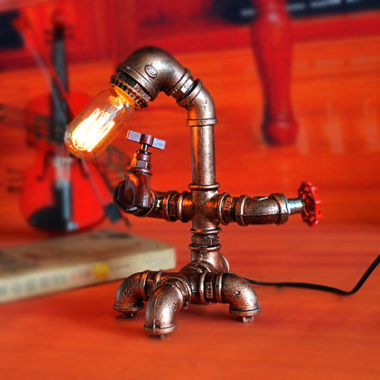 Iron Pipe Man Table Lighting Rustic 1 Head Restaurant Table Lamp with Red Valve and Faucet in Bronze Finish