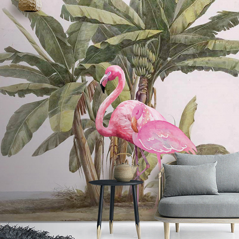Bird and Flamingo Mural Wallpaper for Girl's Bedroom Decoration, Pink and Green, Made to Measure