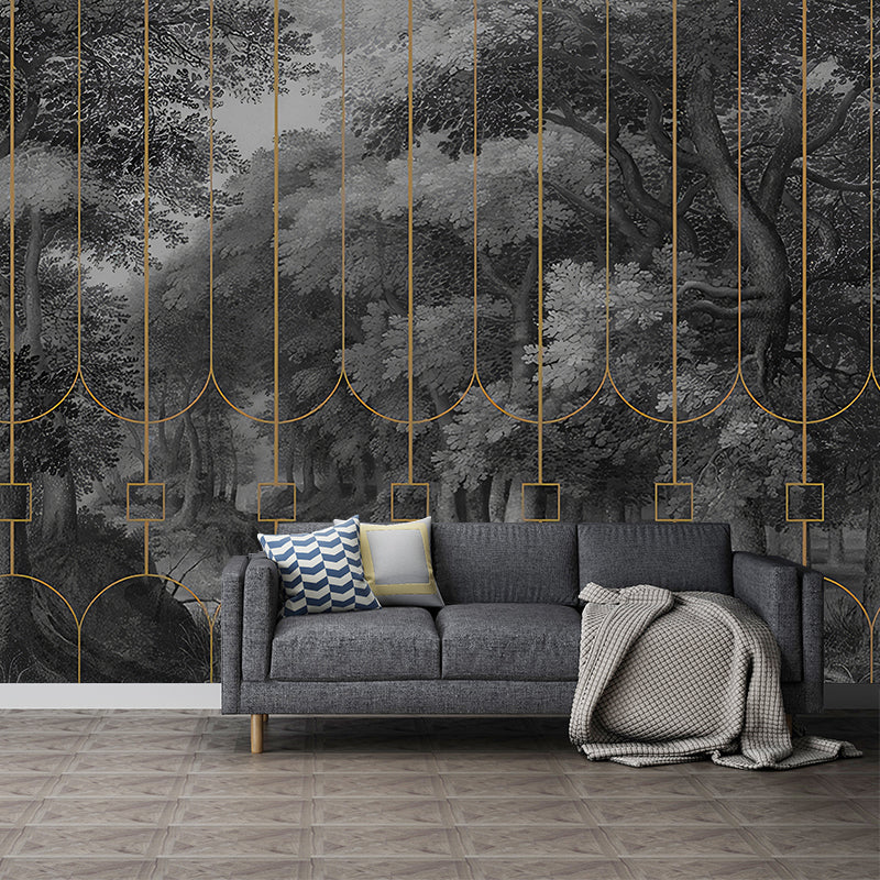 Enormous Photo Original Mural Wallpaper for Living Room Decor with Railings and Forest Design in Dark Grey