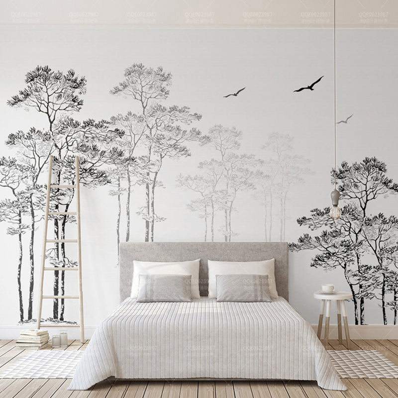 Whole Pine Tree Wall Decor for Guest Room Flying Bird Wall Mural in Black and White, Water-Resistant