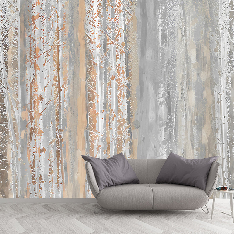 Cool Birch Tree Mural Wallpaper for Accent Wall, Pastel Brown, Personalized Size Available