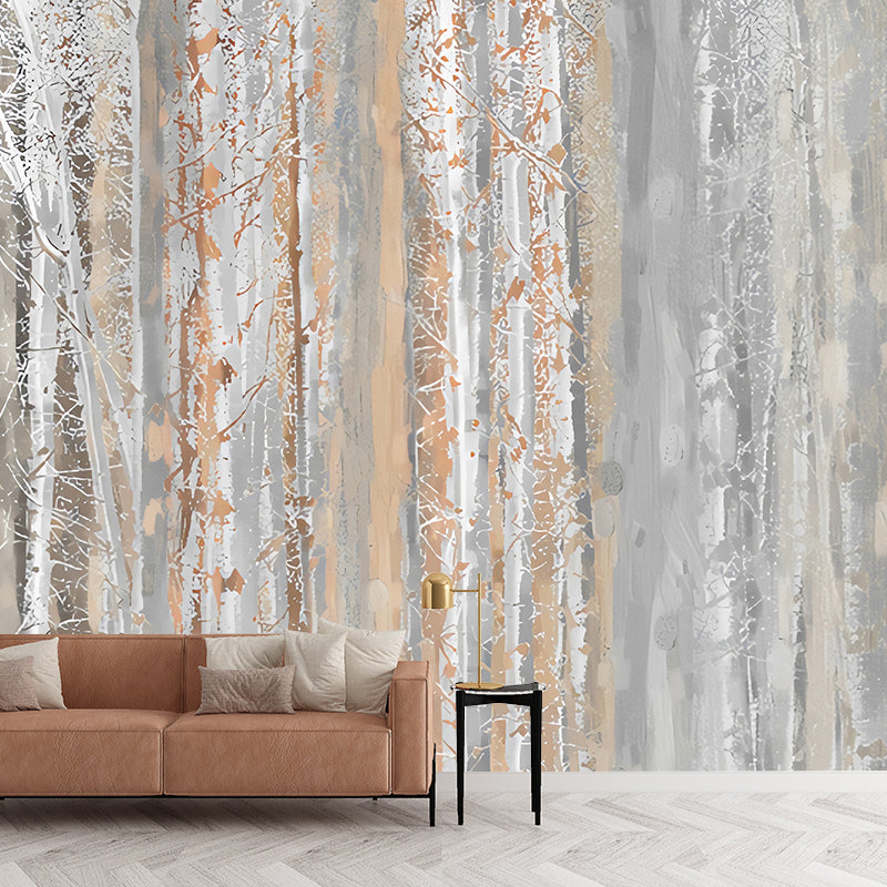 Cool Birch Tree Mural Wallpaper for Accent Wall, Pastel Brown, Personalized Size Available