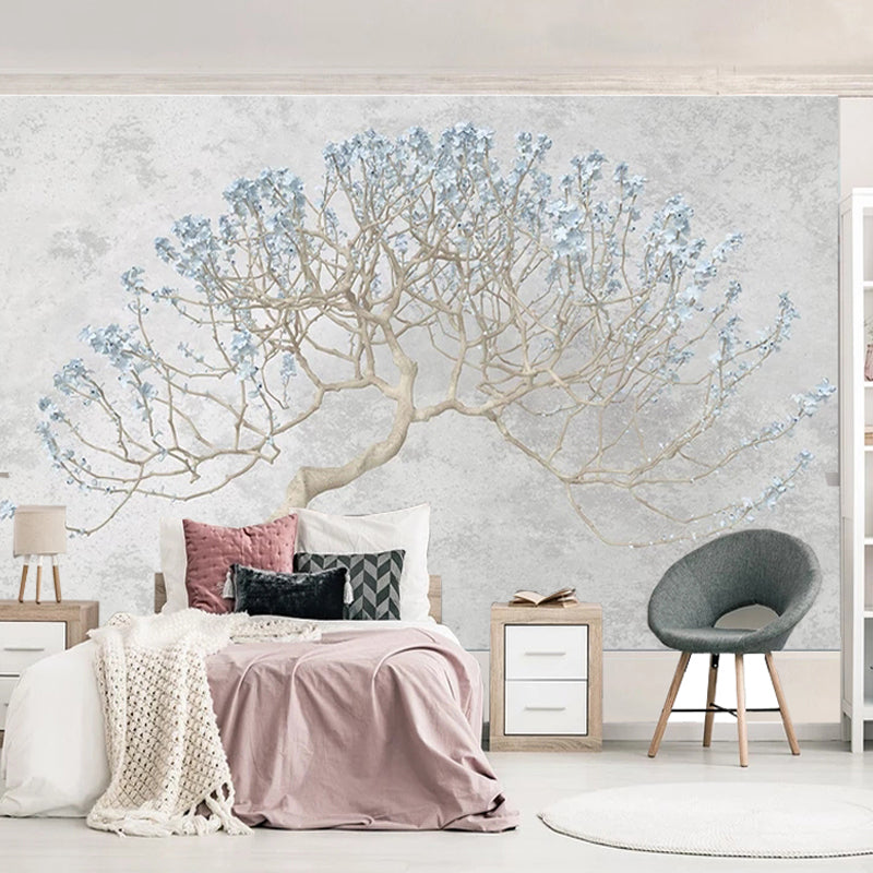 Blue Watercolors of Tree Mural Wallpaper Water-Resistant Wall Covering for Accent Wall