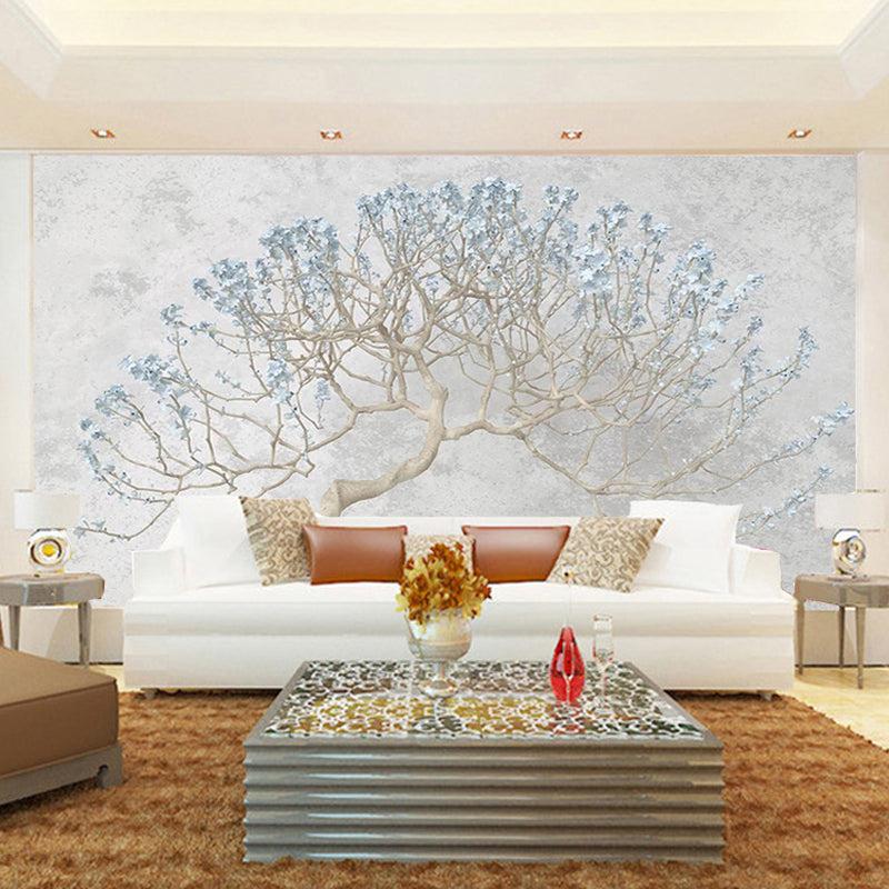 Blue Watercolors of Tree Mural Wallpaper Water-Resistant Wall Covering for Accent Wall