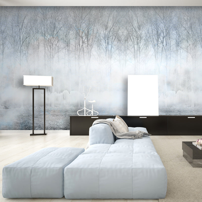 Simple Misty Forest Wall Mural for Dining Room, Custom Size Wall Art in Blue and Grey