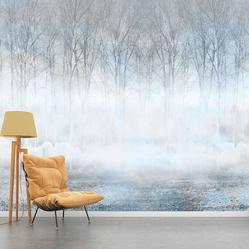 Simple Misty Forest Wall Mural for Dining Room, Custom Size Wall Art in Blue and Grey