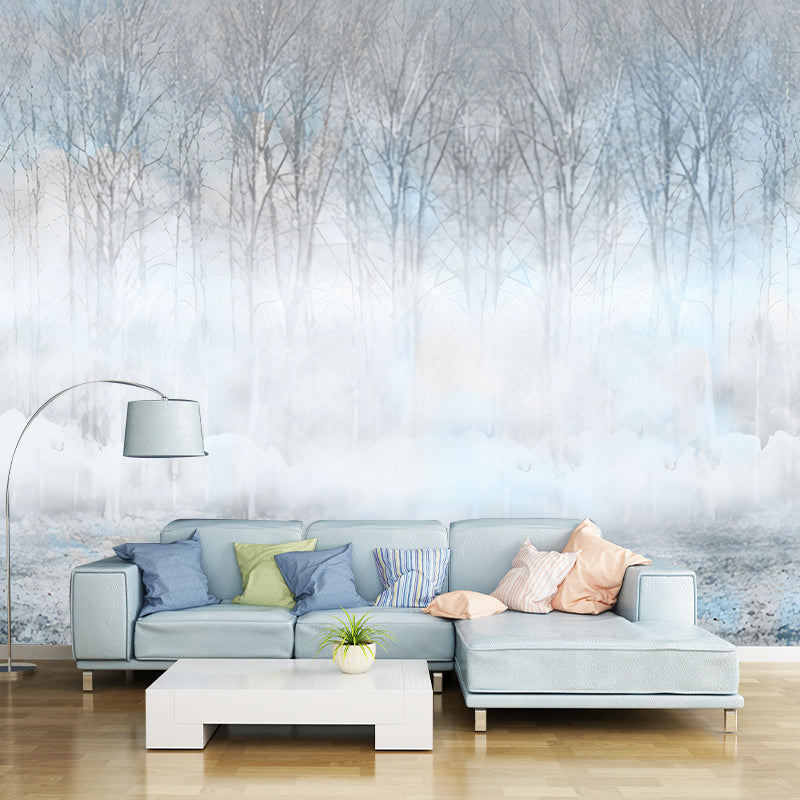 Simple Misty Forest Wall Mural for Dining Room, Custom Size Wall Art in Blue and Grey