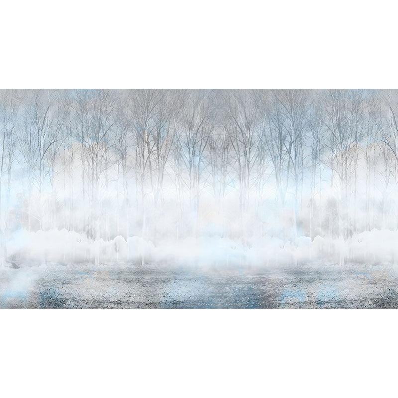 Simple Misty Forest Wall Mural for Dining Room, Custom Size Wall Art in Blue and Grey