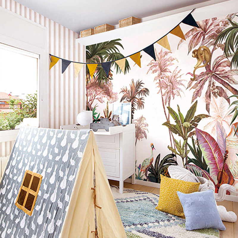 Tropical Plants Wall Mural Decal for Accent Wall, Pastel Pink, Personalized Size Available