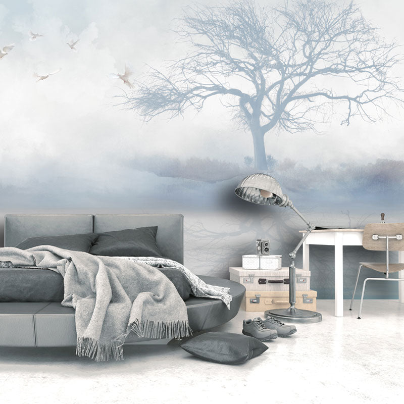 Full Contemporary Wall Mural Decal in Pastel Color Misty Tree Wall Covering, Custom Size Available
