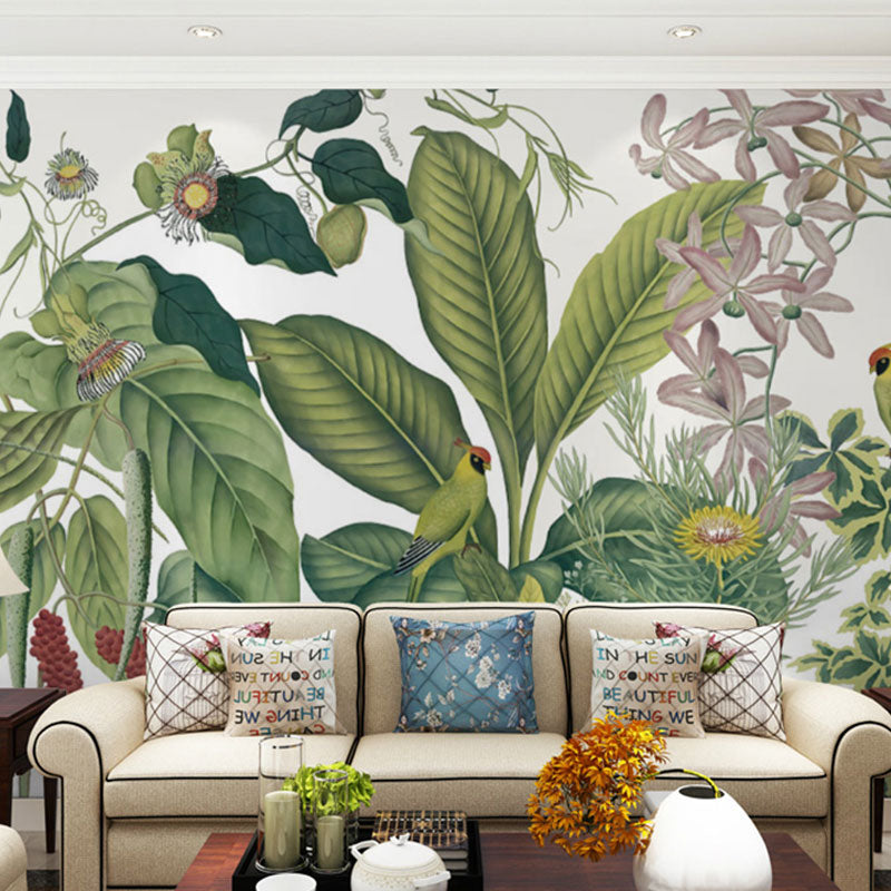 Whole Nordic Wall Mural Decal in Pastel Green Banana Leaves and Blossoms Wall Decor, Made to Measure