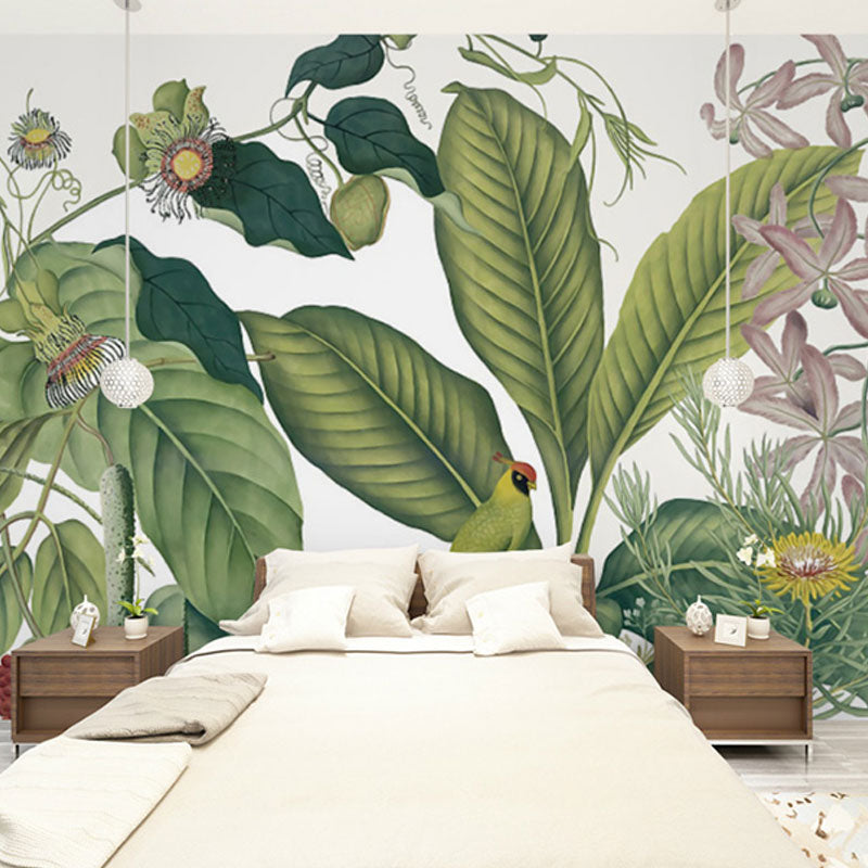 Whole Nordic Wall Mural Decal in Pastel Green Banana Leaves and Blossoms Wall Decor, Made to Measure