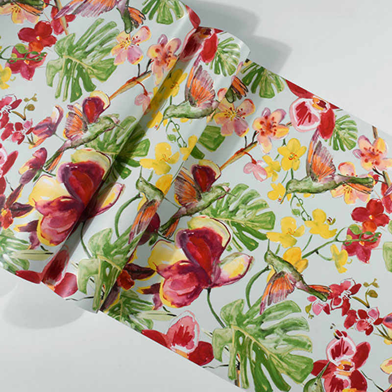 Colorful Blossoms and Bird Wallpaper Roll for Accent Wall, Multicolored, 20.5-inch x 33-foot