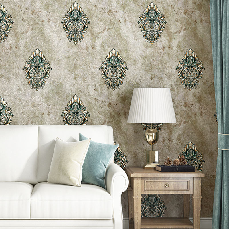 European Wallpaper Roll in Natural Color Damasque and Distressed Surface Wall Art, 20.5"W x 33'L