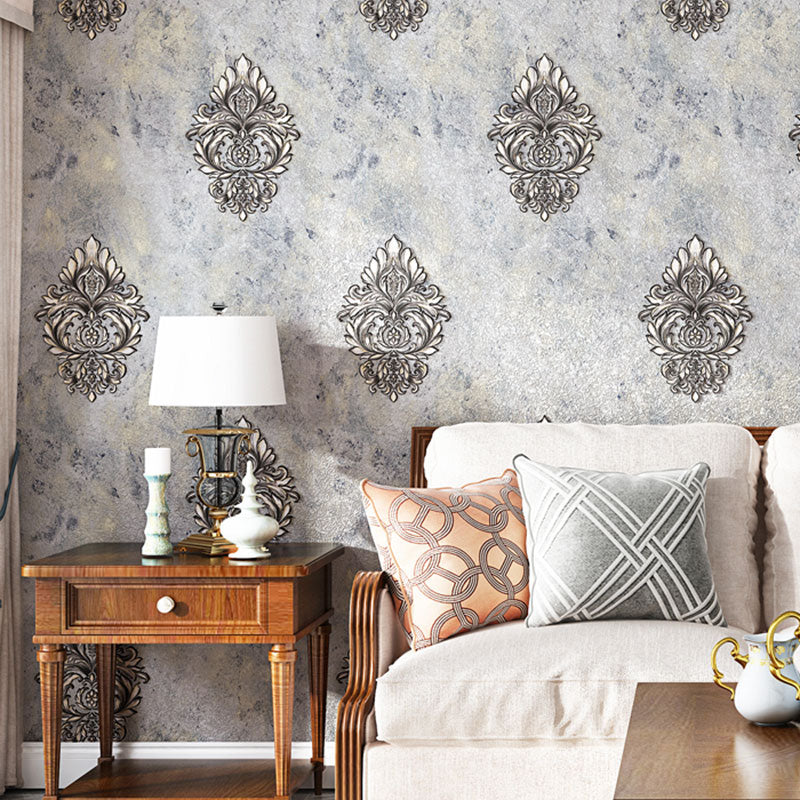 European Wallpaper Roll in Natural Color Damasque and Distressed Surface Wall Art, 20.5"W x 33'L