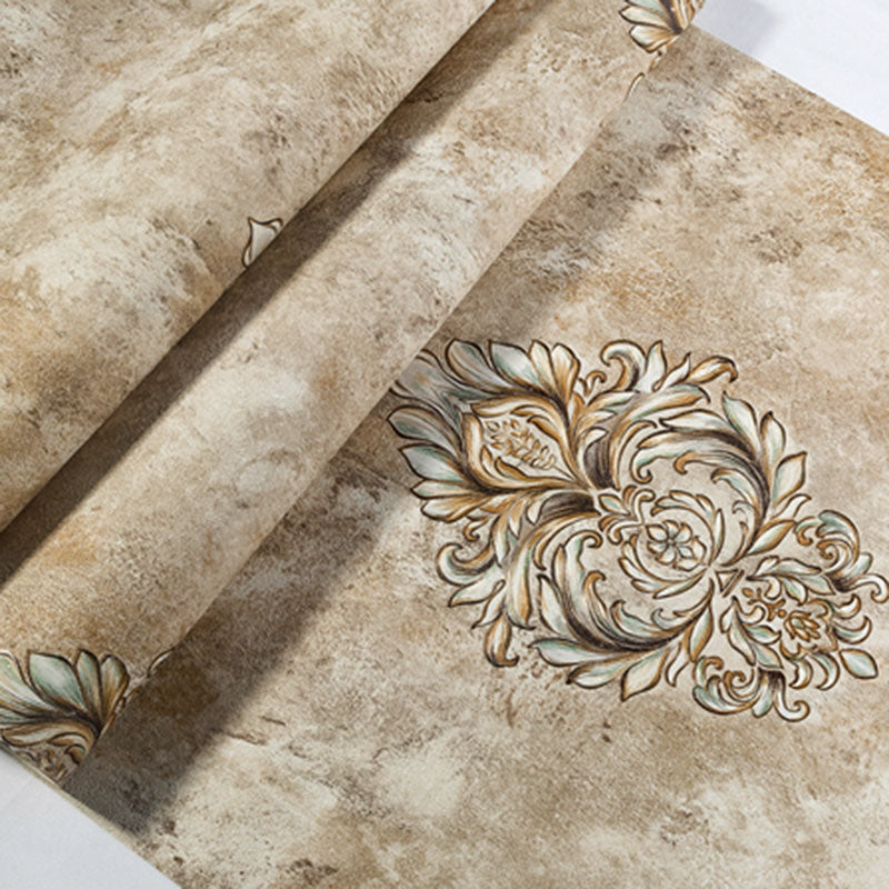 European Wallpaper Roll in Natural Color Damasque and Distressed Surface Wall Art, 20.5"W x 33'L