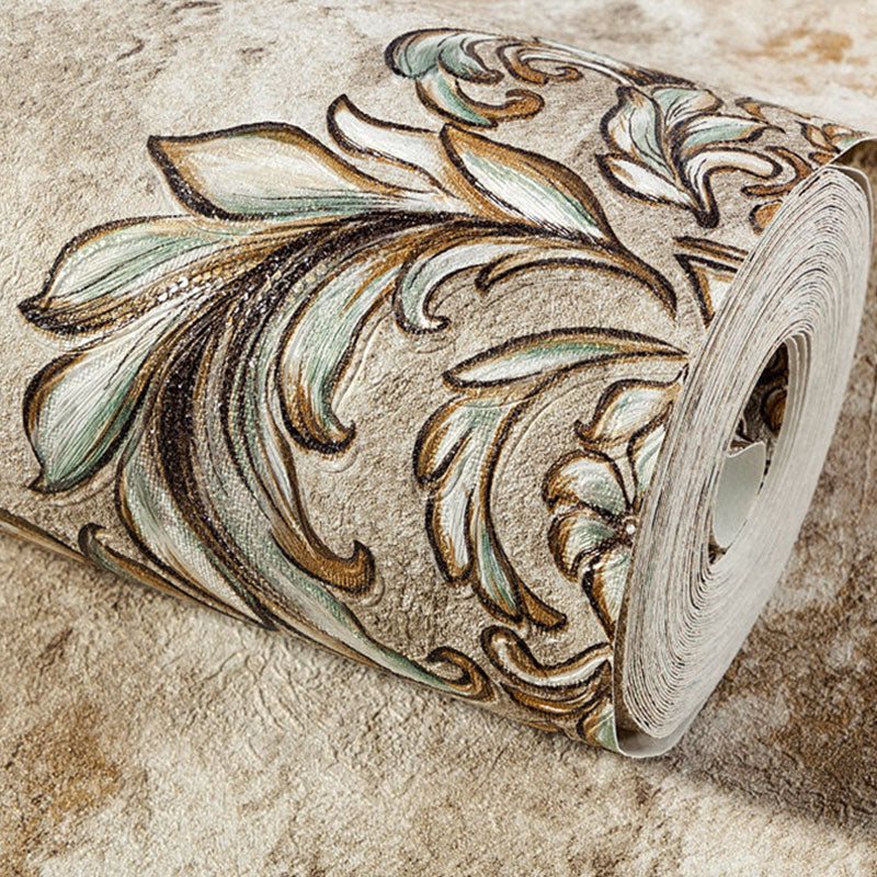 European Wallpaper Roll in Natural Color Damasque and Distressed Surface Wall Art, 20.5"W x 33'L