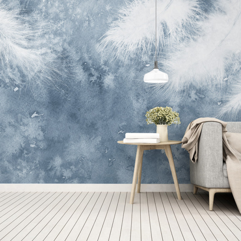 Whole Feather Wall Mural Decal for Home Decoration Misty Wall Art in Blue and White, Water-Resistant