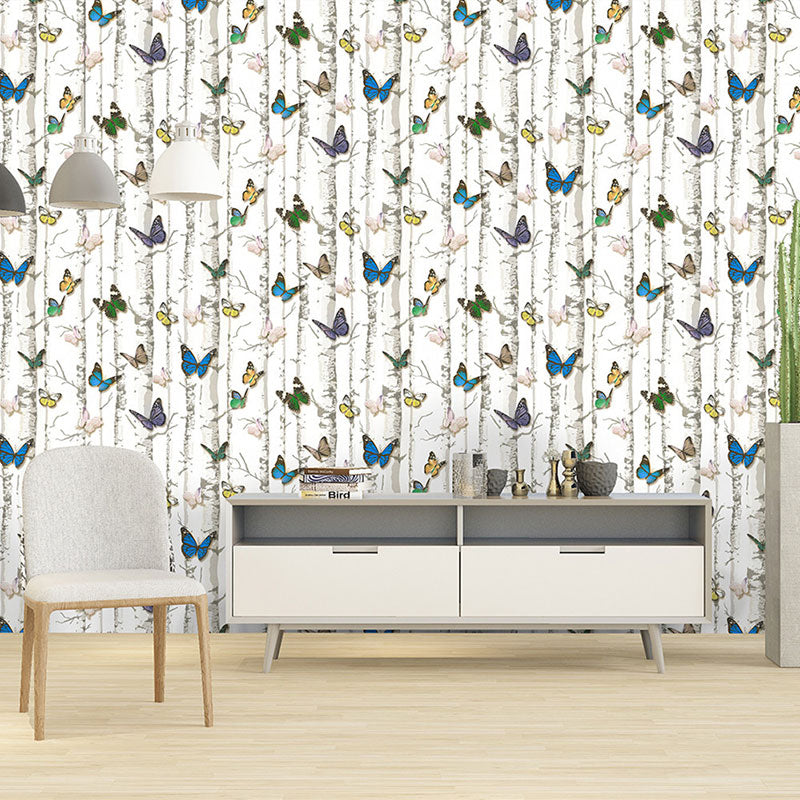 Birch Tree and Butterfly Wallpaper Roll Peel and Stick Wall Covering for Coffee Shop