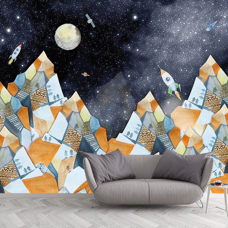 Big Illustration Simple Wall Mural for Children's Bedroom with Mountain and Moon Design in Orange and Blue