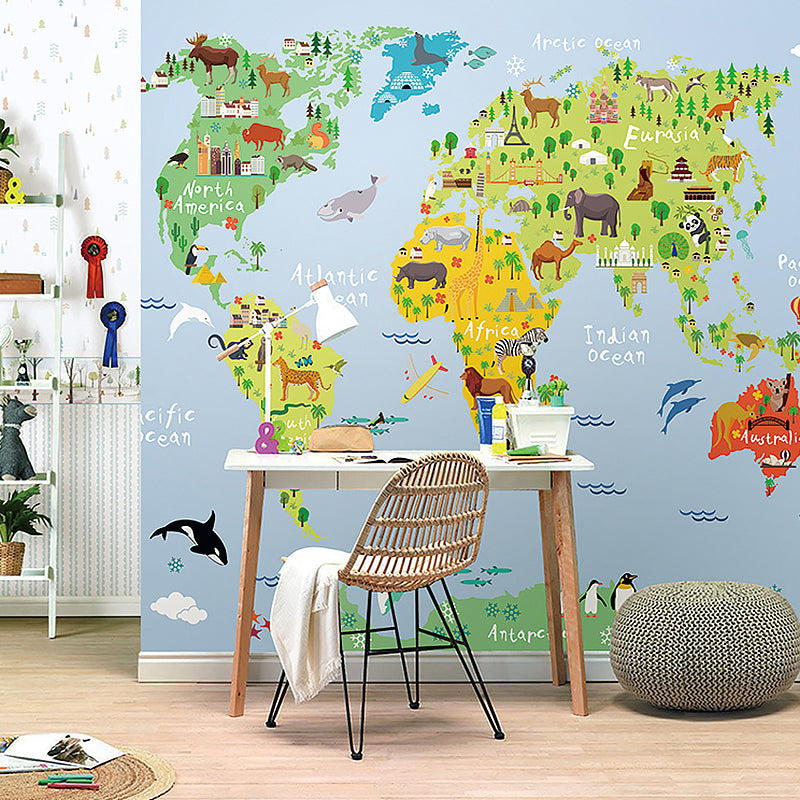 Blue and Green Simple Mural Wallpaper Personalized Size World Map Wall Art for Accent Wall