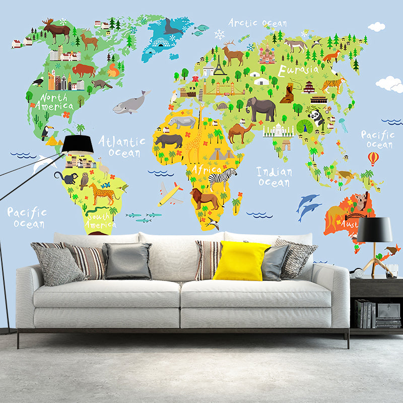 Blue and Green Simple Mural Wallpaper Personalized Size World Map Wall Art for Accent Wall