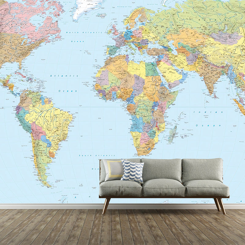 Big Minimalist Wall Mural Decal in Blue and Green World Map Wall Covering, Made to Measure