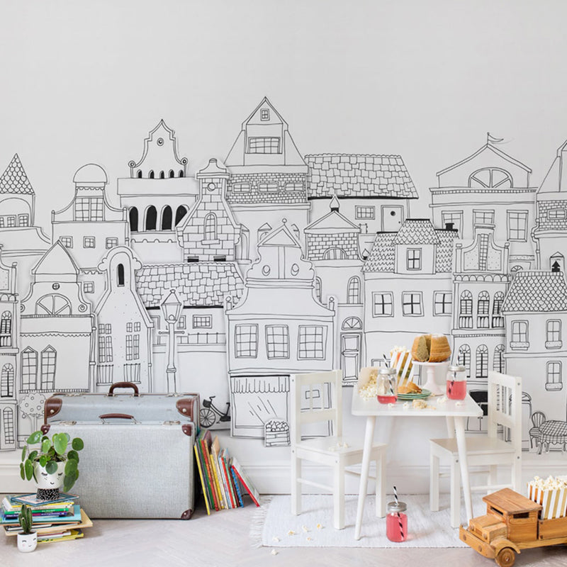 Whole City Scene Wall Mural for Meeting Room Decor Buildings Wall Art in Black and White, Water-Resistant