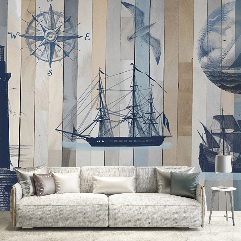 Extra Large Retro Wall Mural in Blue and Grey Beacon and Sailing Boat Wall Covering, Custom-Made