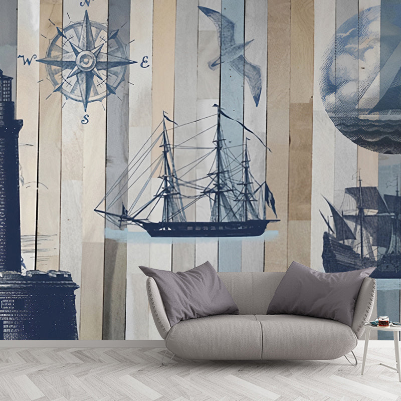 Extra Large Retro Wall Mural in Blue and Grey Beacon and Sailing Boat Wall Covering, Custom-Made