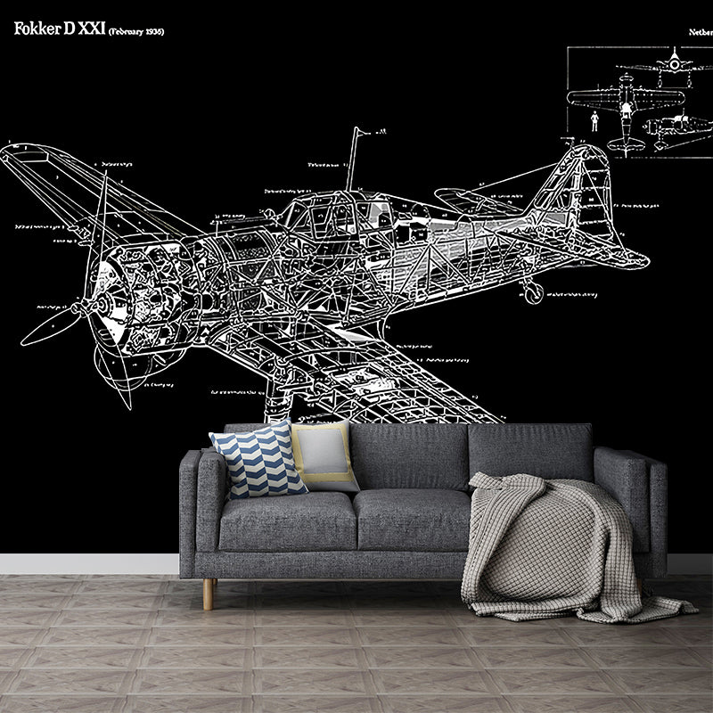 Airplane Design Wall Mural Decal for Accent Wall, Black and White, Personalized Size Available