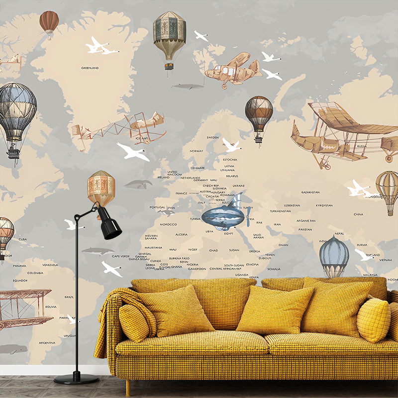 Whole Illustration Contemporary Wall Mural Extra Large Wall Art for Children with World Map and Balloon Design in Soft Color