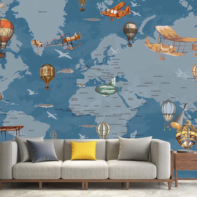 Whole Illustration Contemporary Wall Mural Extra Large Wall Art for Children with World Map and Balloon Design in Soft Color