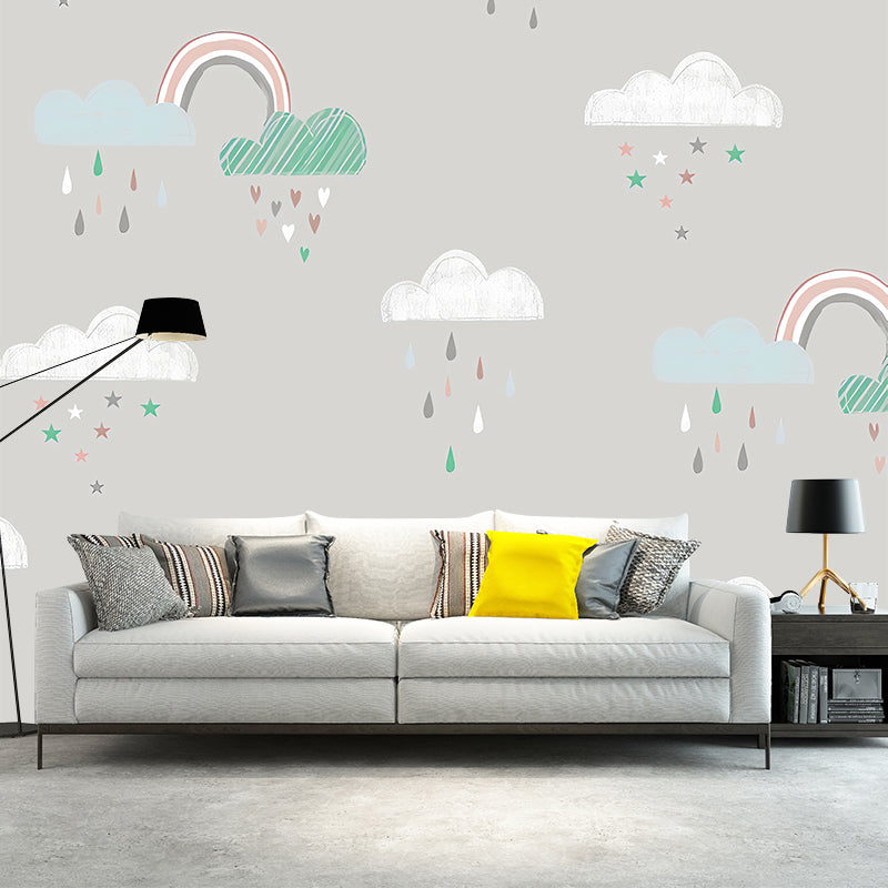 Schlichtes Regen- und Wolken-Wandbild für das Kinderzimmer, maßgeschneiderte Wanddekoration in Pastellfarben