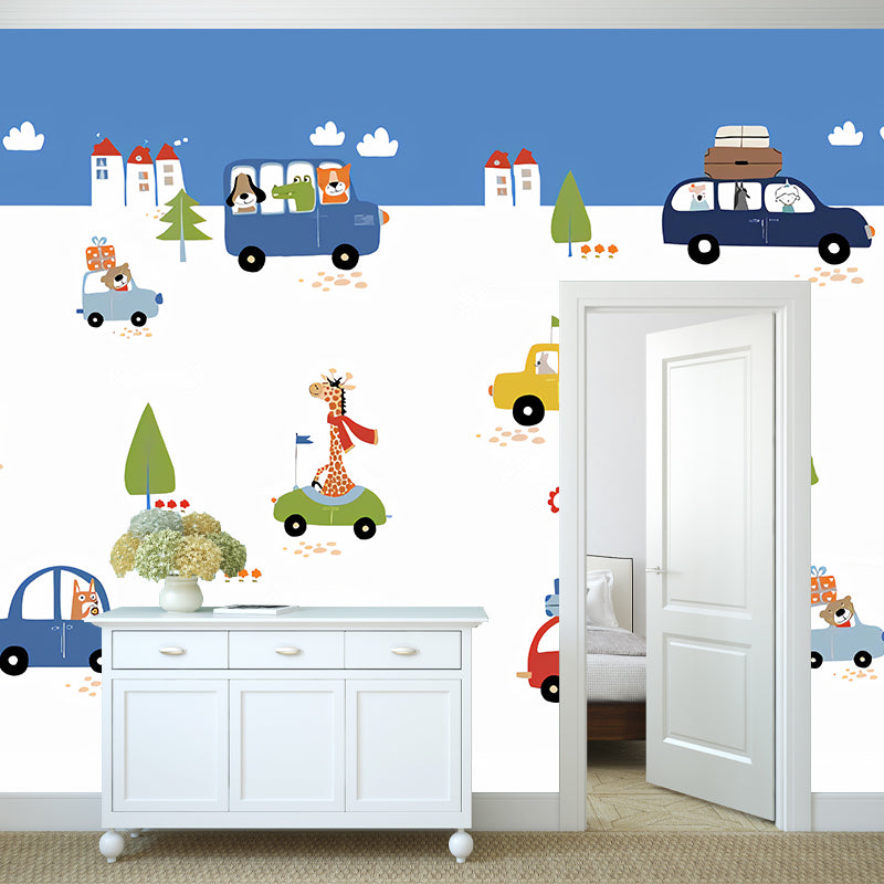 Enormous Illustration Contemporary Mural Wallpaper for Kids with Cartoon Car and Bus Design in Natural Color