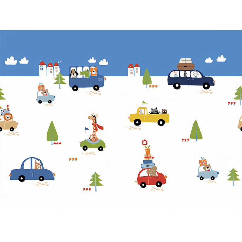 Enormous Illustration Contemporary Mural Wallpaper for Kids with Cartoon Car and Bus Design in Natural Color