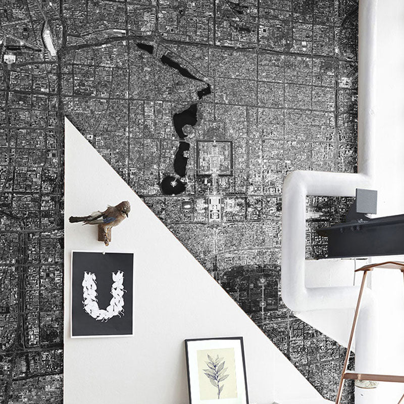 Dark Grey Urban Map Mural Wallpaper Stain-Resistant Wall Covering for Accent Wall